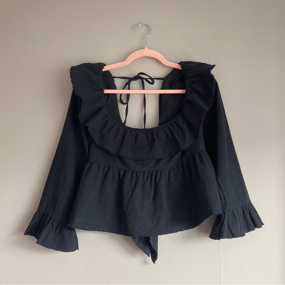 Free People Black Raw Hew Ruffle Bow Top